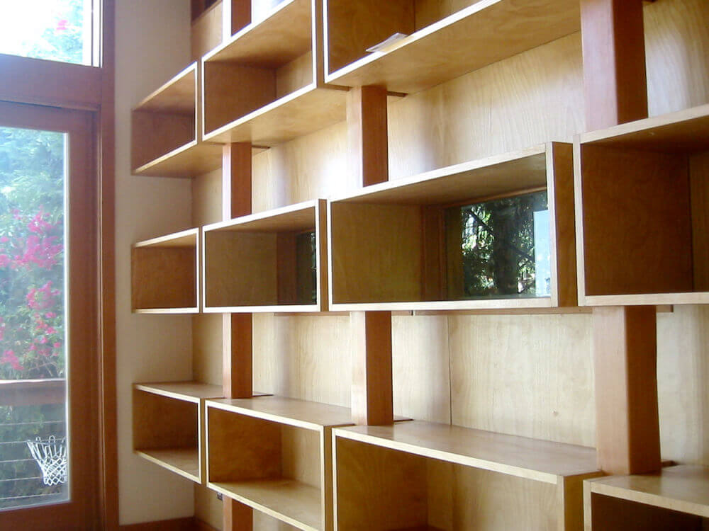 use shelving for music room storage. the added padding will help with sound proofing as well